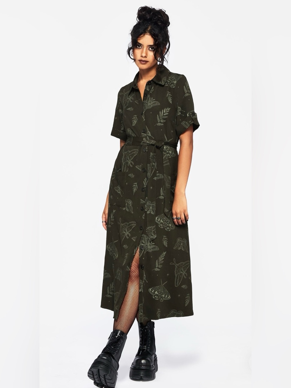 NWT Disturbia Callopistria Moth Print Midi Shirt Dress - Green, US Size 6